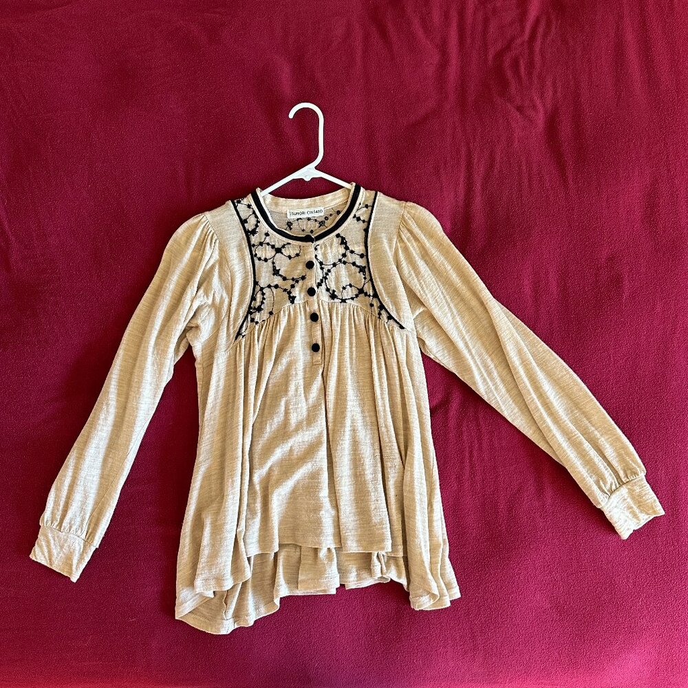 Tsumori Chisato Tan Embroidered Long Sleeve 100% Wool Blouse
